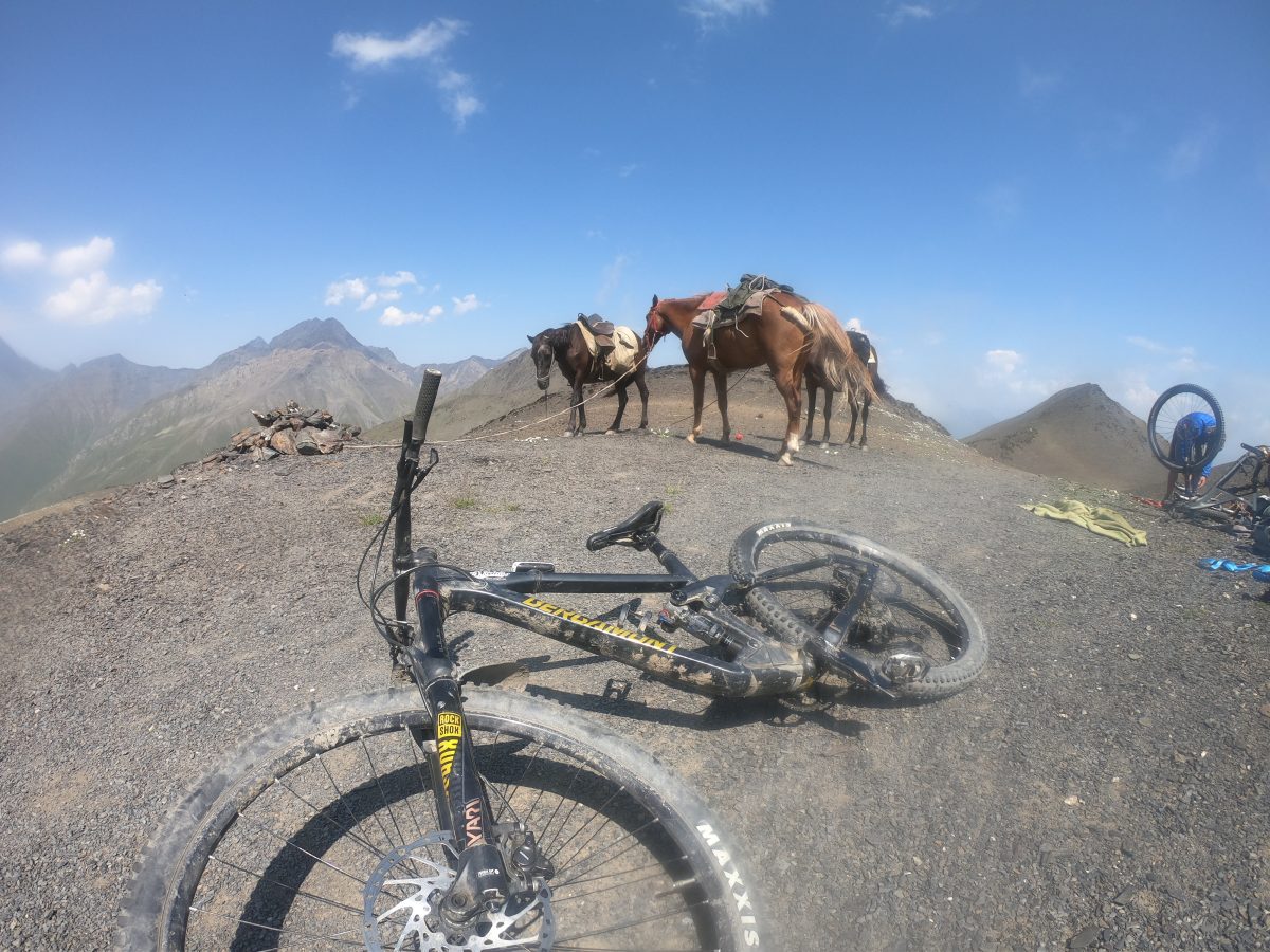 Les chevaux nous rejoignent au col, VTT dans le Caucase géorgien, en horse-shuttle